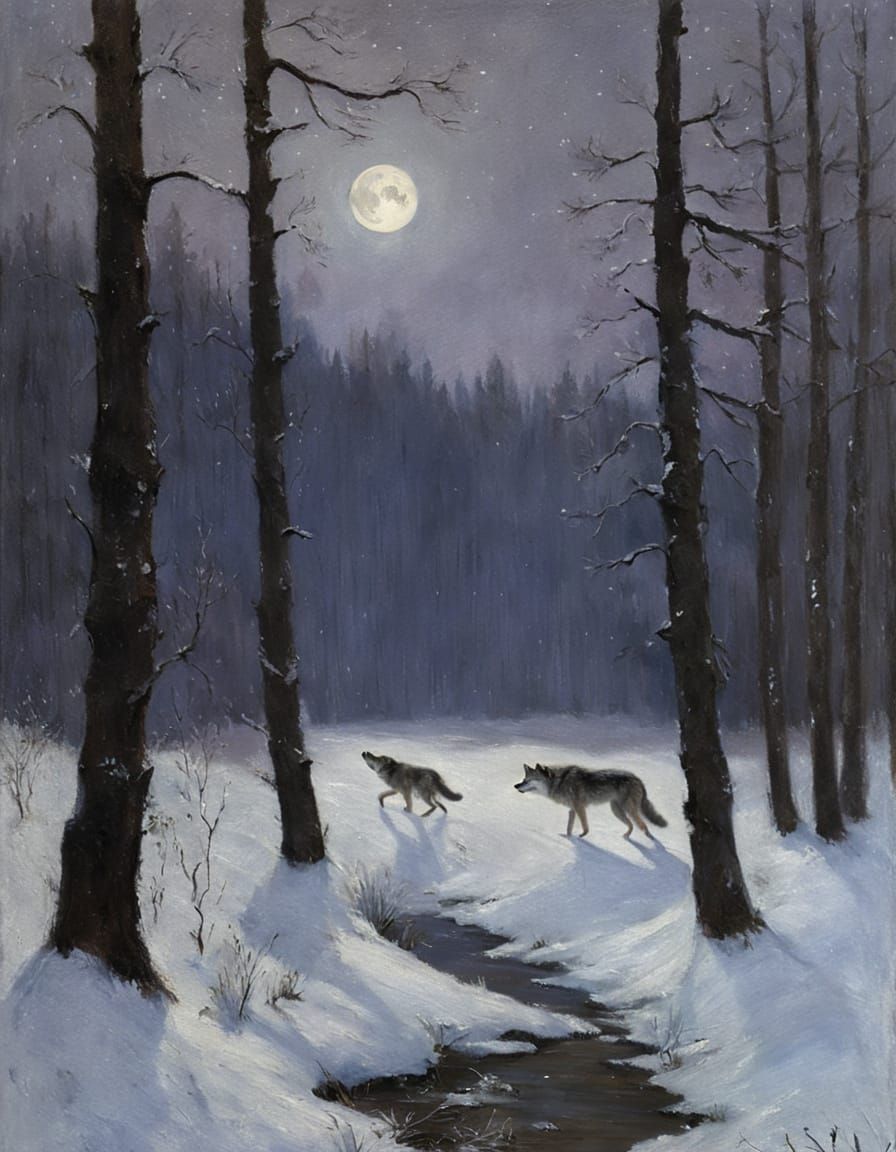 Wolf Howling in Winter Forest: Russian Realism Landscape