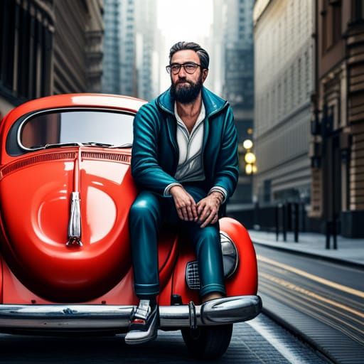 Hipster and old volkswagen beetle