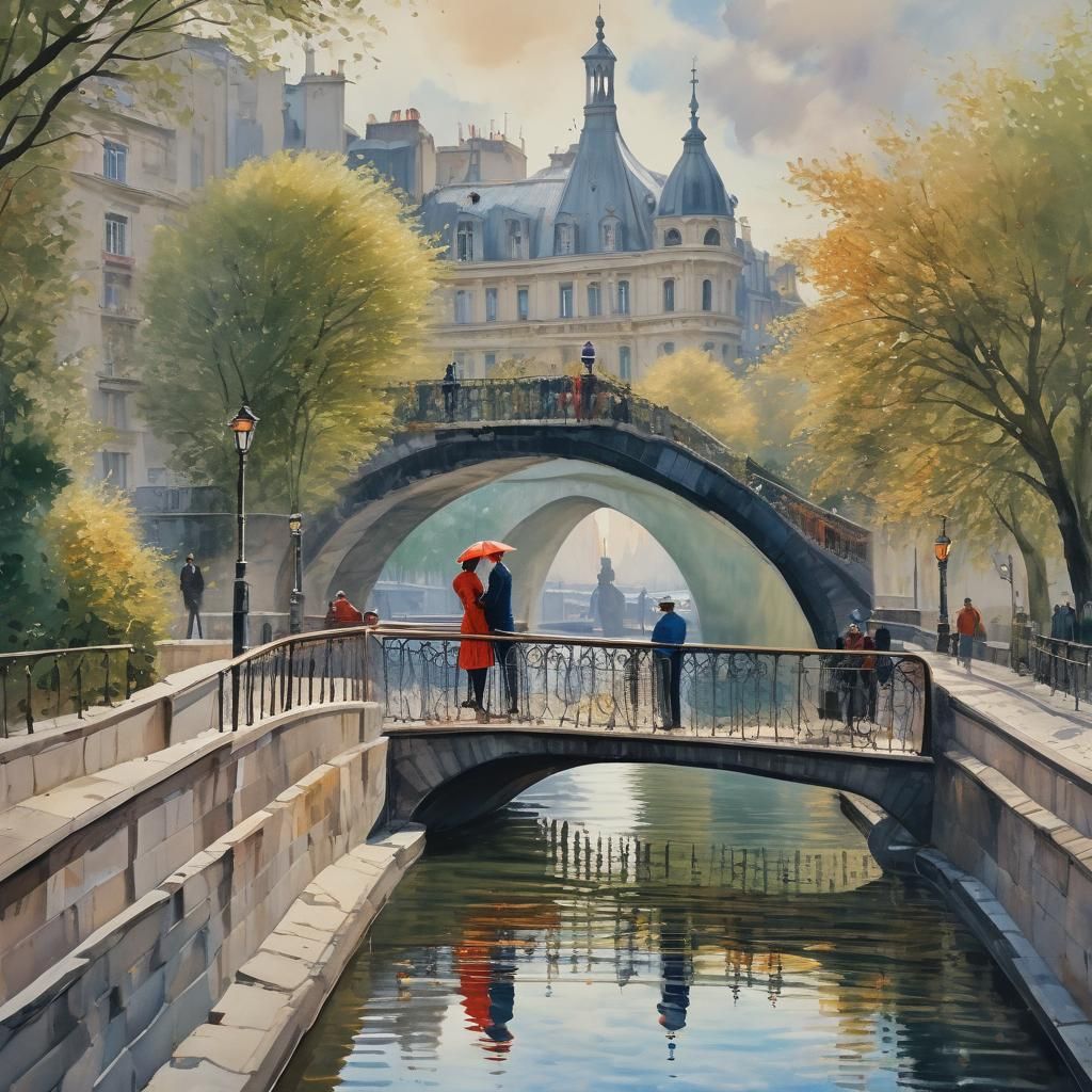 Un homme embrassant une femme sur un pont de paris.