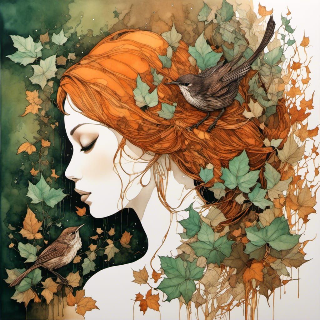 Wren and Ivy Collage in Ink Style