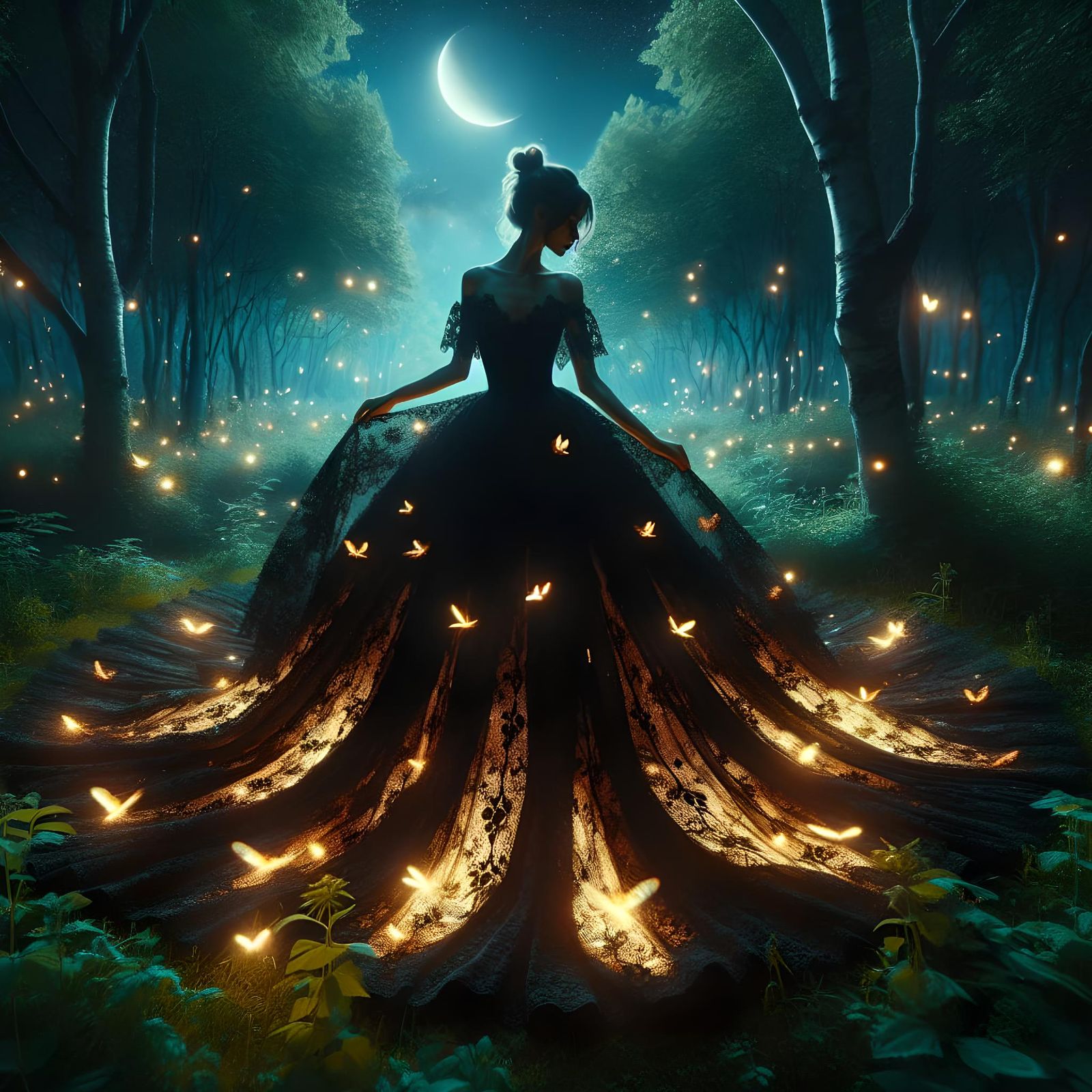 Firefly Dress in Enchanted Forest, UHD Photograph