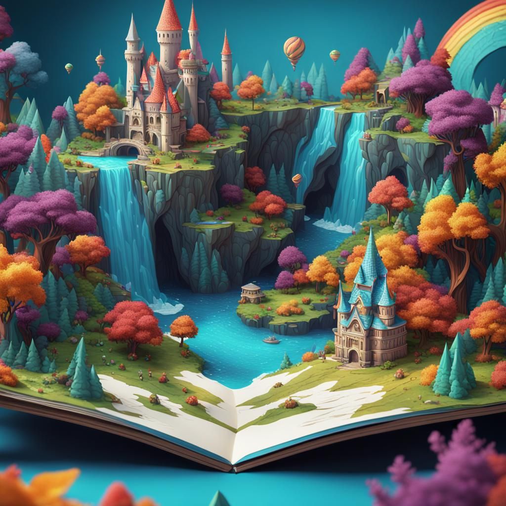 Colorful Pop-Up Book Fantasy Land in Matte Painting Style