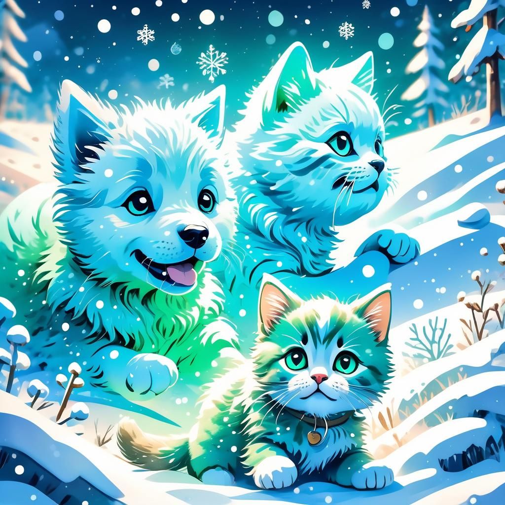 Whimsical Puppy and Kitten Play in Snowy Wonderland