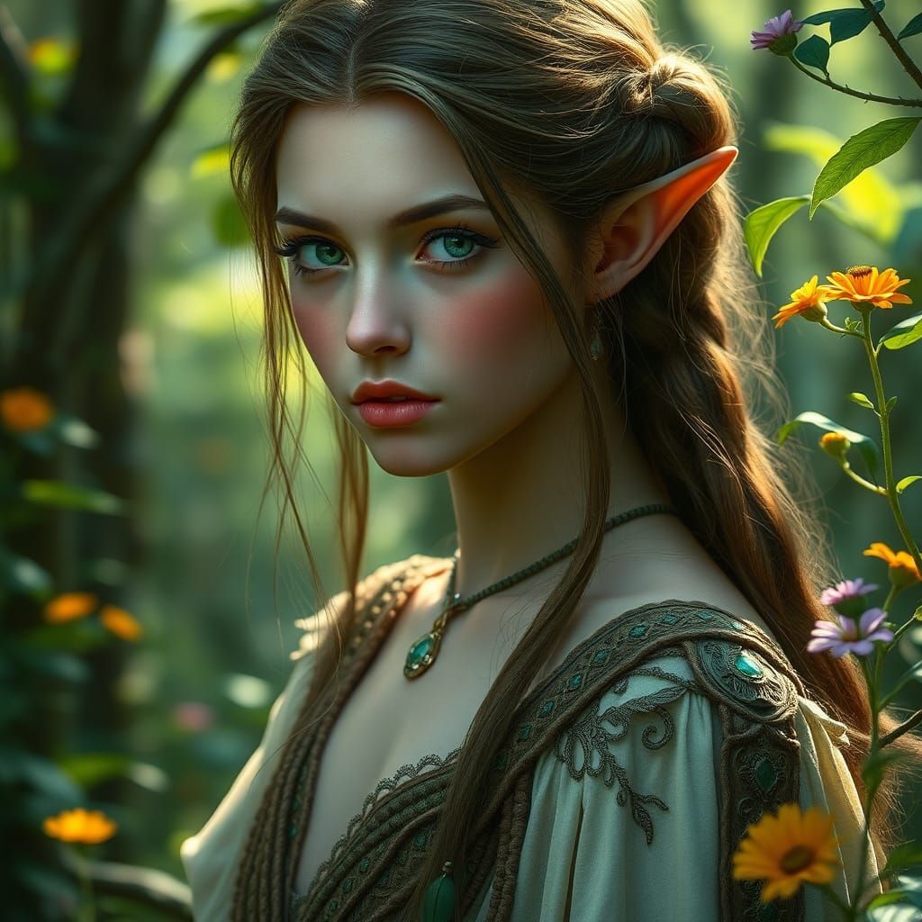 Elegant Elven Woman in Forest Light