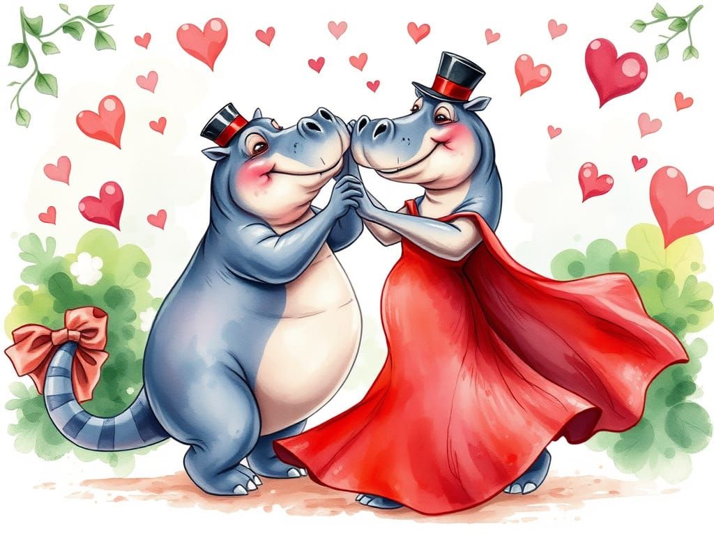 Whimsical Hippo Tango in Watercolour Style