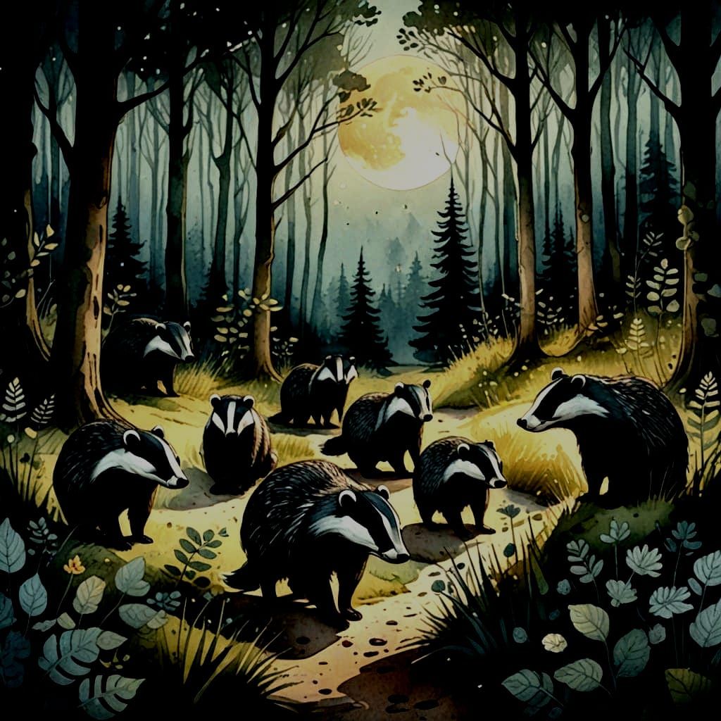 Badgers Emerge from Shadows in Soft Lunar Light