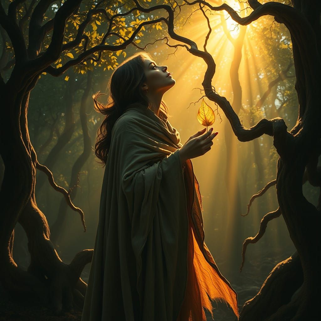 Mystical Woman Embracing Solar Essence in Whimsical Forest