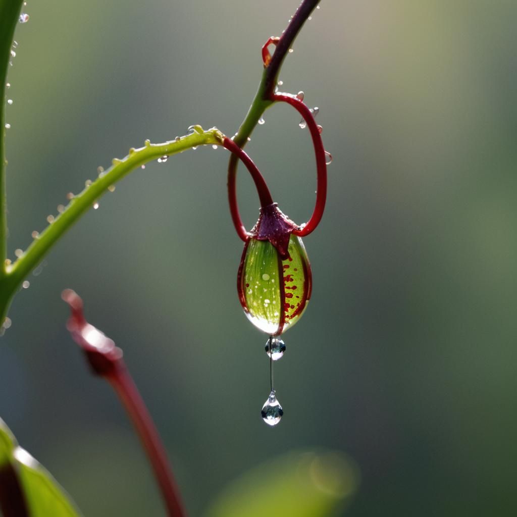Macro Water Drop on Pitcher Plant Reflecting Sunlight