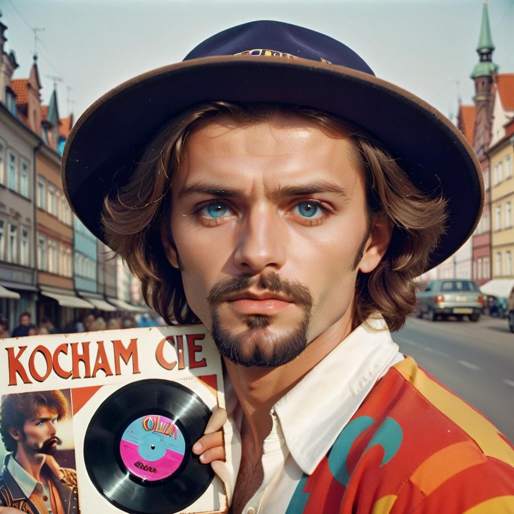 Handsome man with 1980s disco polo vinyl record - kocham cię (I love you)