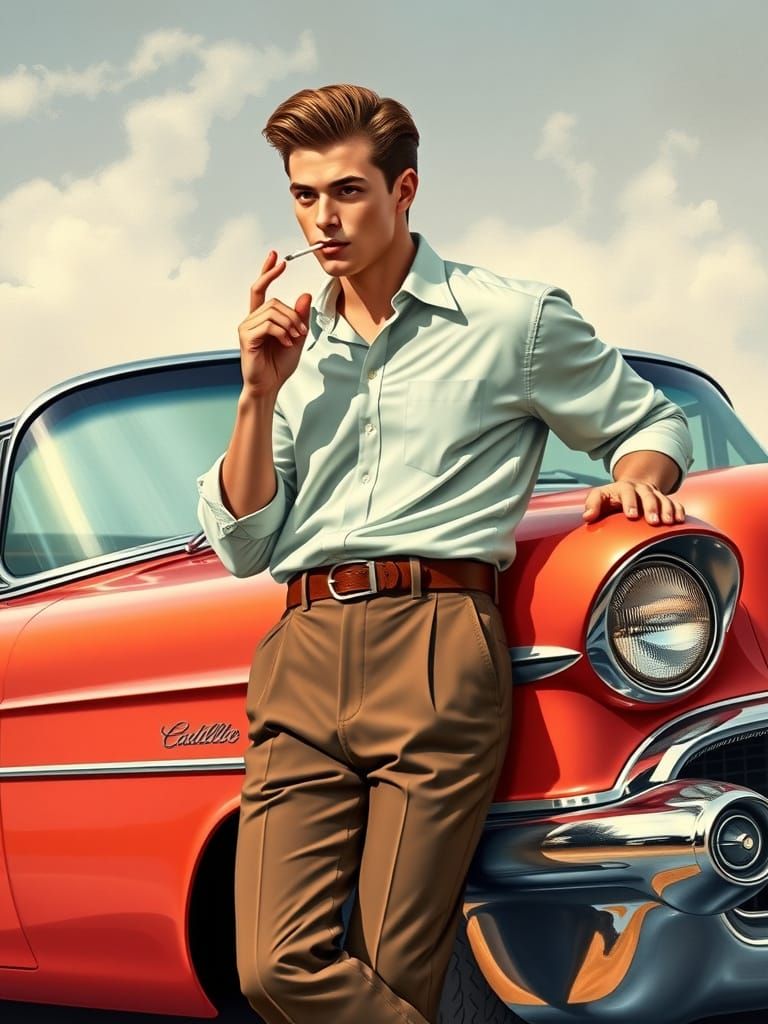 1950s Collegiate Man on Cadillac, Golden Age Illustration