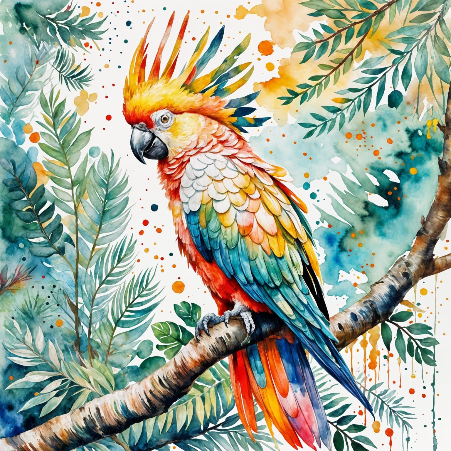 Majestic Cockatoo Watercolor Illustration with Impasto Brush...