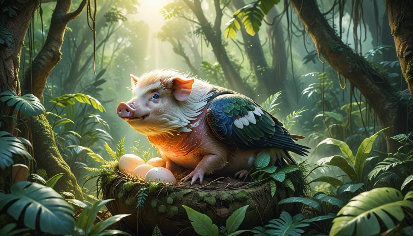 Pig-Eagle Hatching in Jungle Watercolor