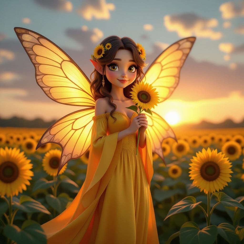 Hyperrealistic Fairy in Sunflower Field at Sunrise