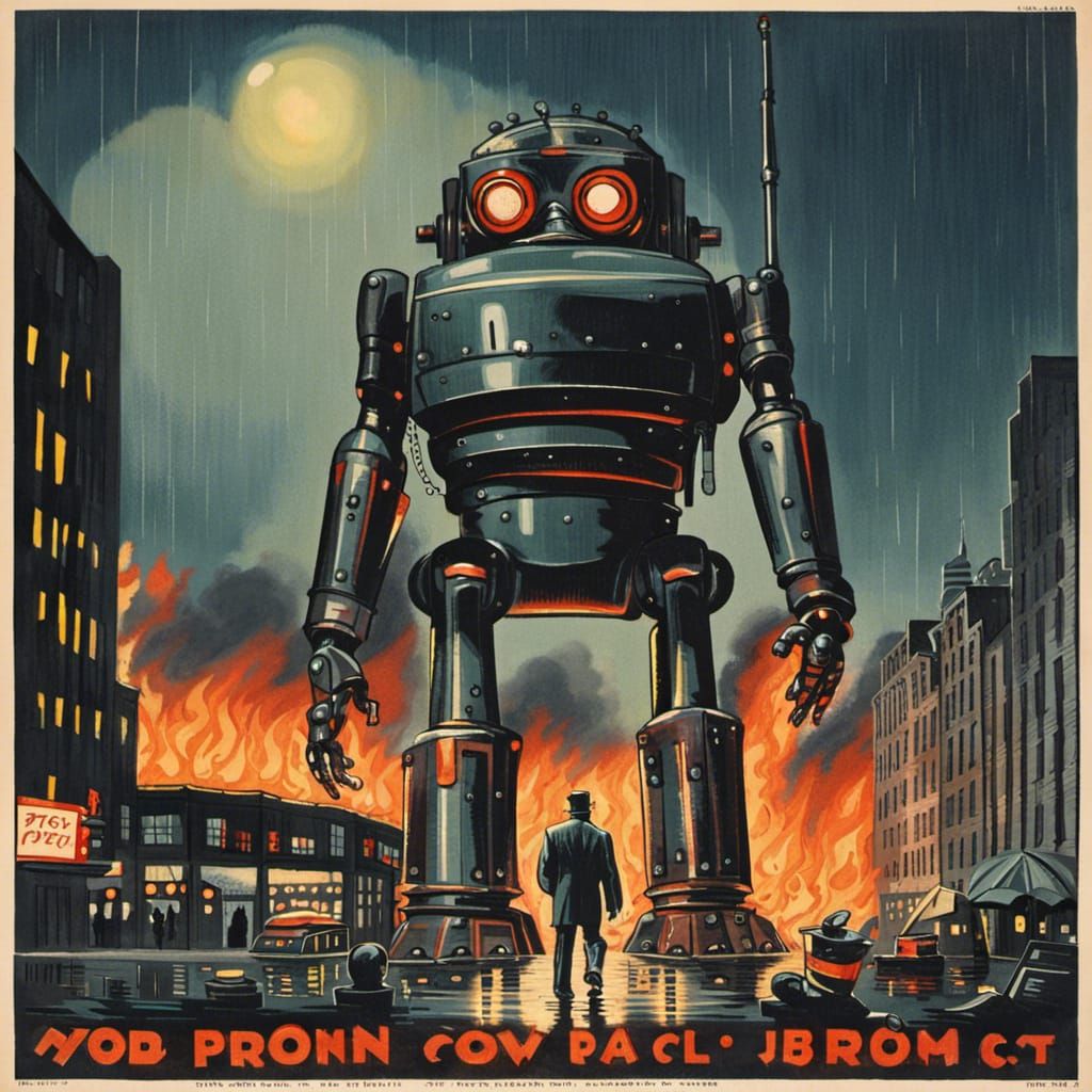Giant Robot City Attack in Retro Sci-Fi Poster