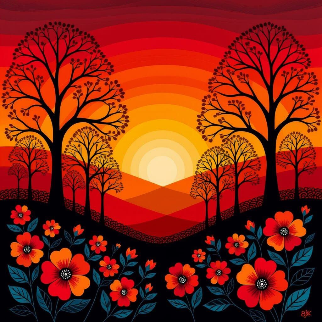 Vibrant Silhouetted Trees with Cosmic Flowers