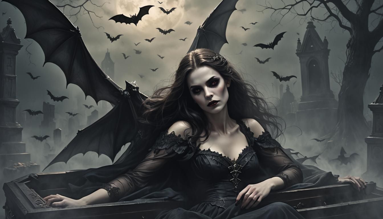 Vampire in Coffin with Bats: Dark Fantasy Art