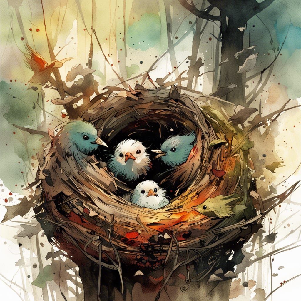 Watercolor Nest of Adorable Baby Birds