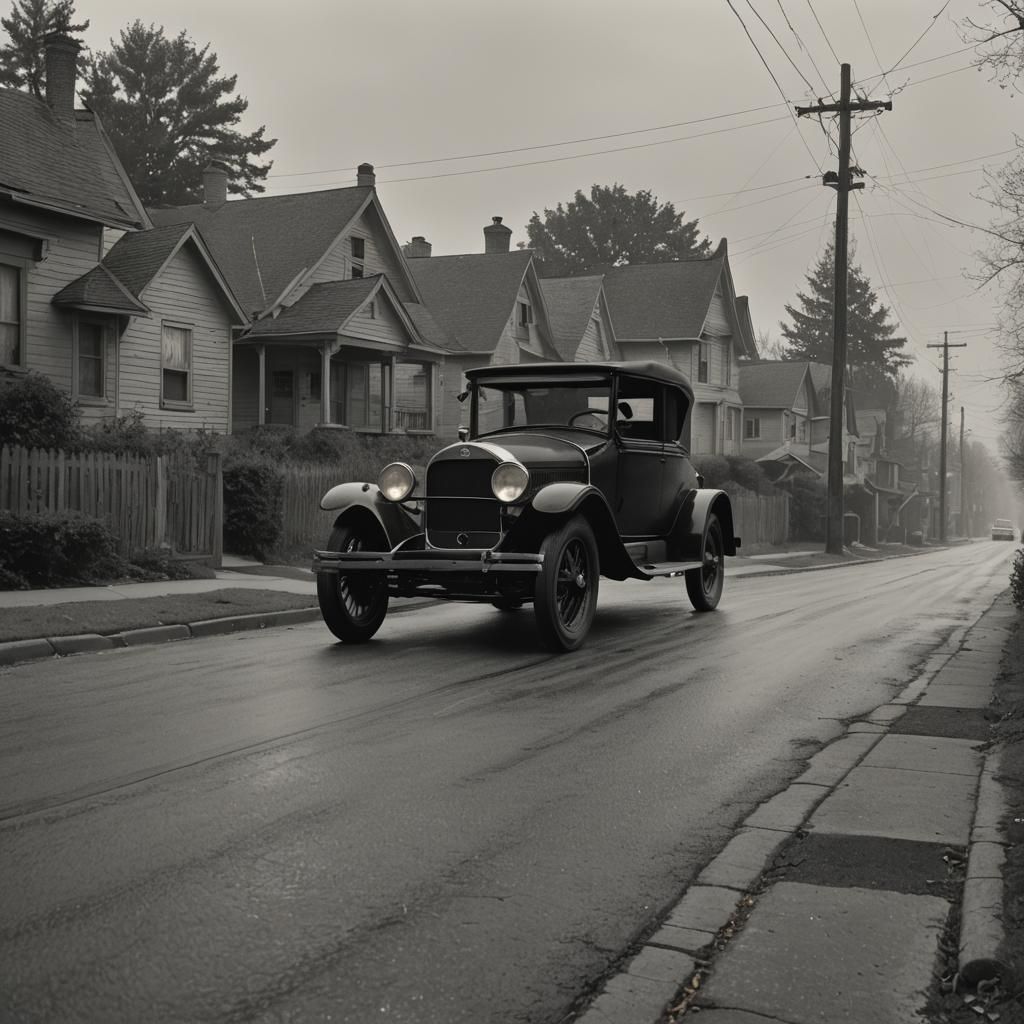 1920s Car on Modern Street, Black and White Horror
