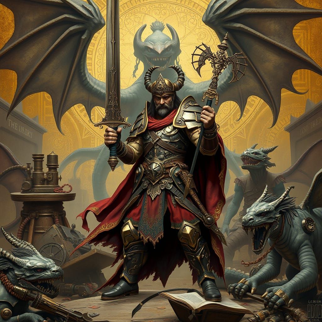Warrior, Dragons, and Steampunk Machinery in Byzantine Style