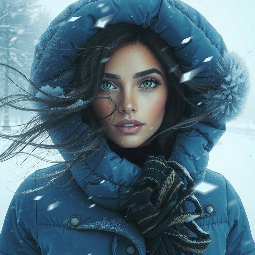 Woman in Snowstorm: Ethereal Winter Scene