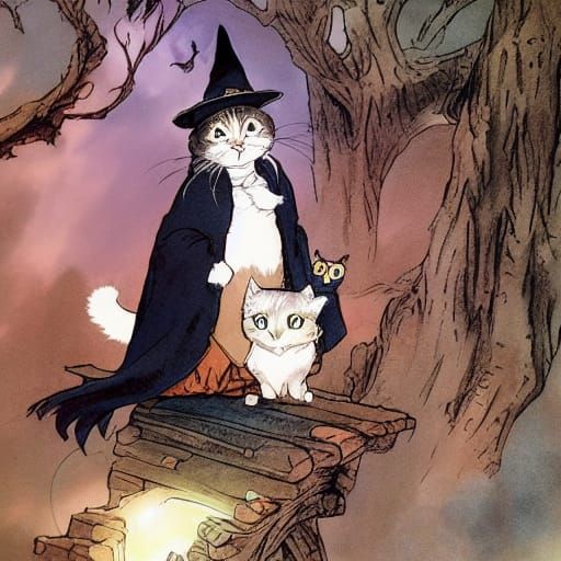 Enchanting Cat Witch Adventure: Storybook Illustration