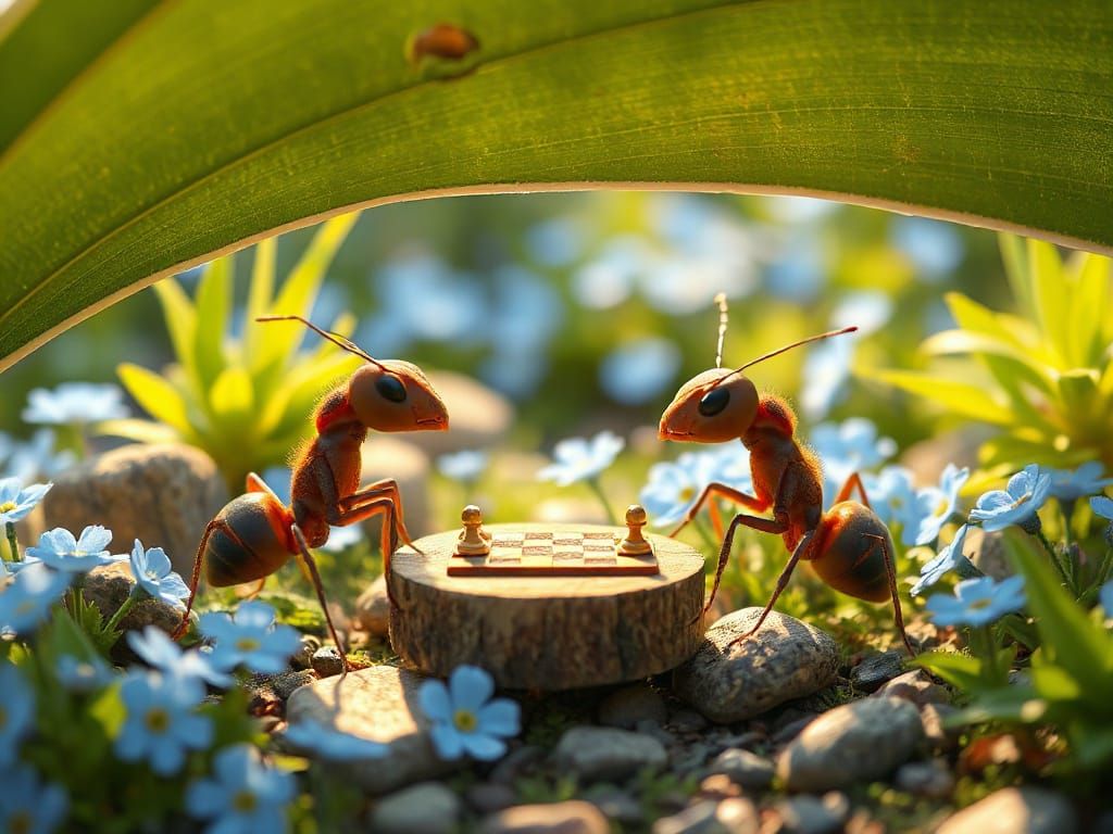 Ants Play Chess Under Leaf in Whimsical 3D Style
