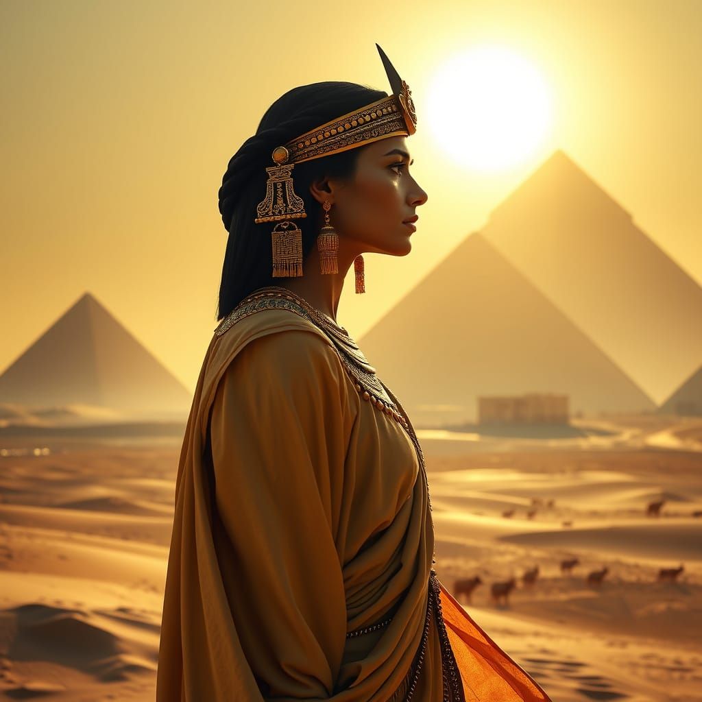 Egyptian Queen Stands Before Pyramids in Hyperrealistic Dese...
