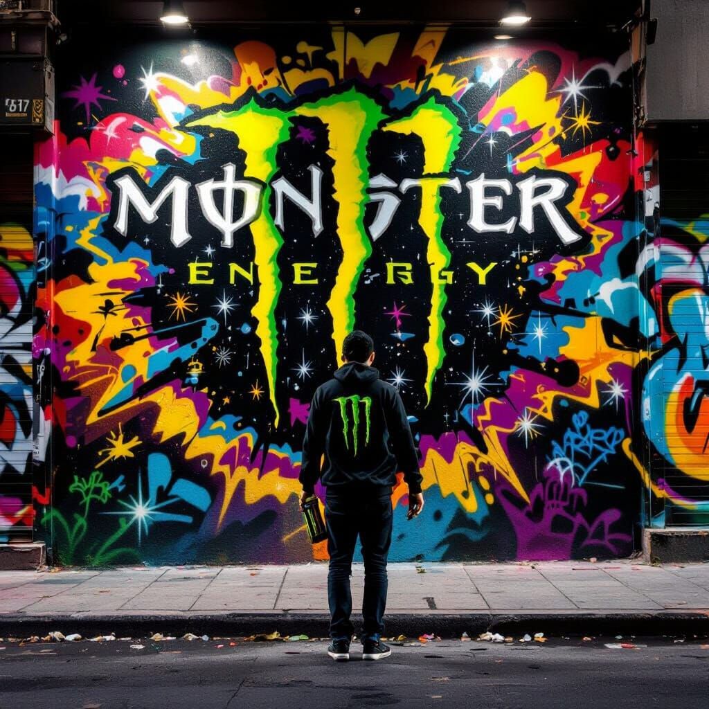 Monster Energy Street Art Mural with Person Holding Can