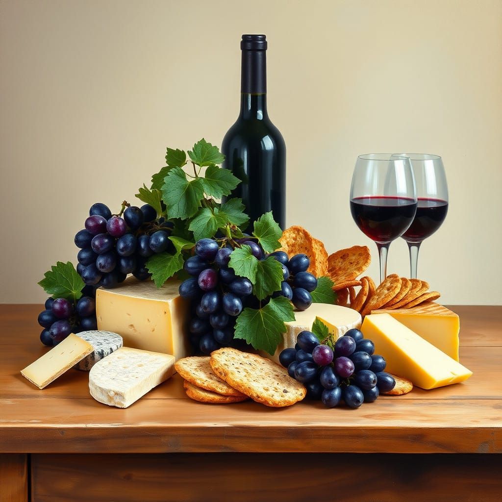 Still Life of Artisanal Cheeses and Wine in Warm Rustic Sett...