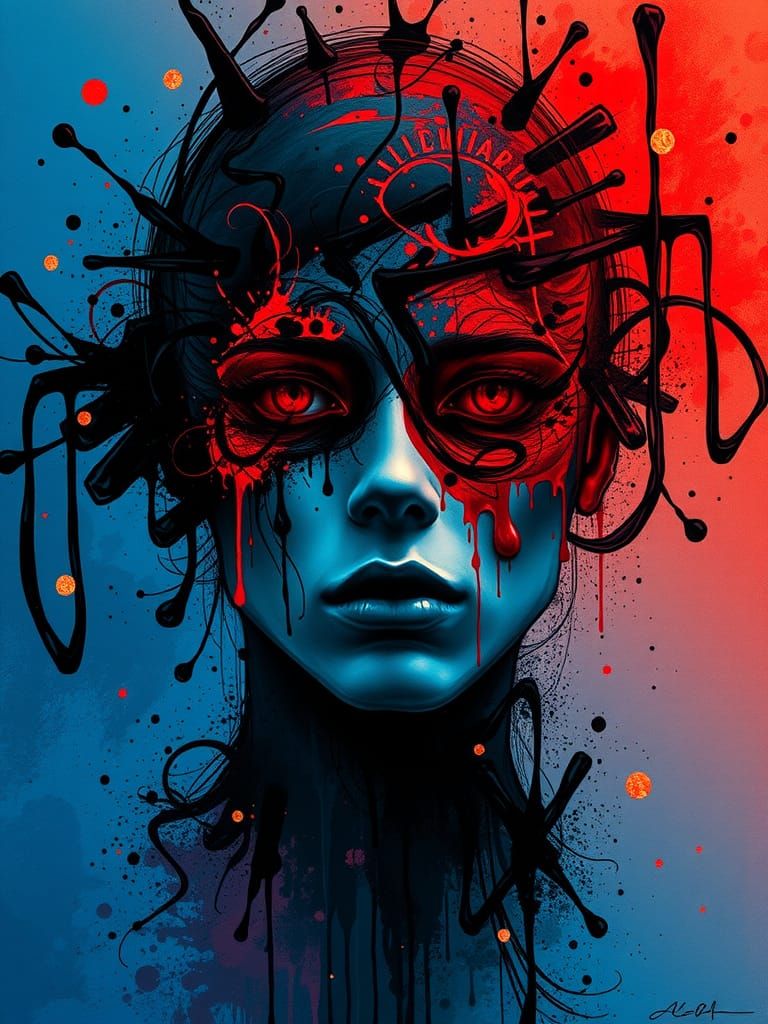 Ink Vortex Portrait in Triadic Harmony