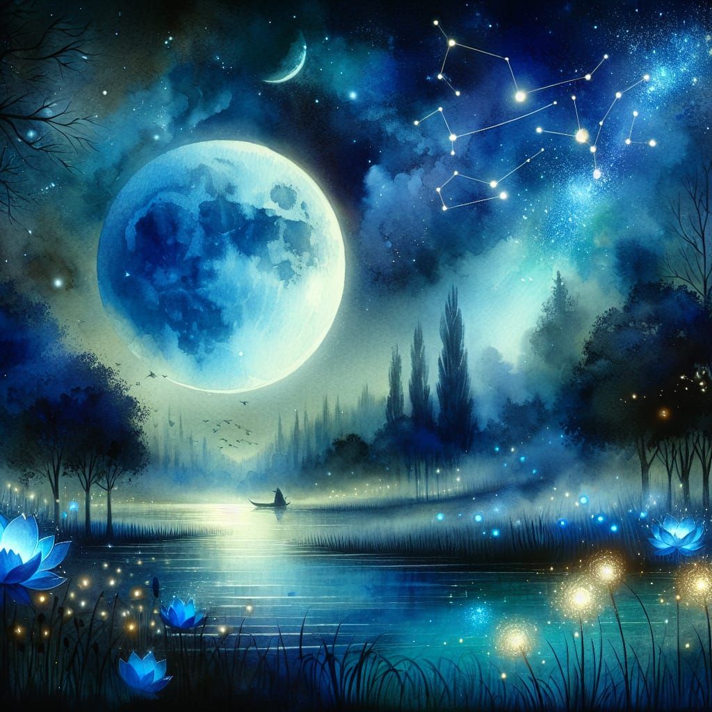 Blue Moonlit Landscape in Watercolor Style