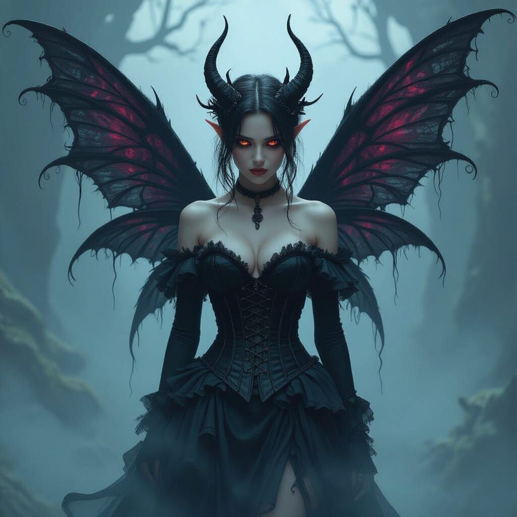 Demonic Fairy in Eerie Mist, Dark Neon Style