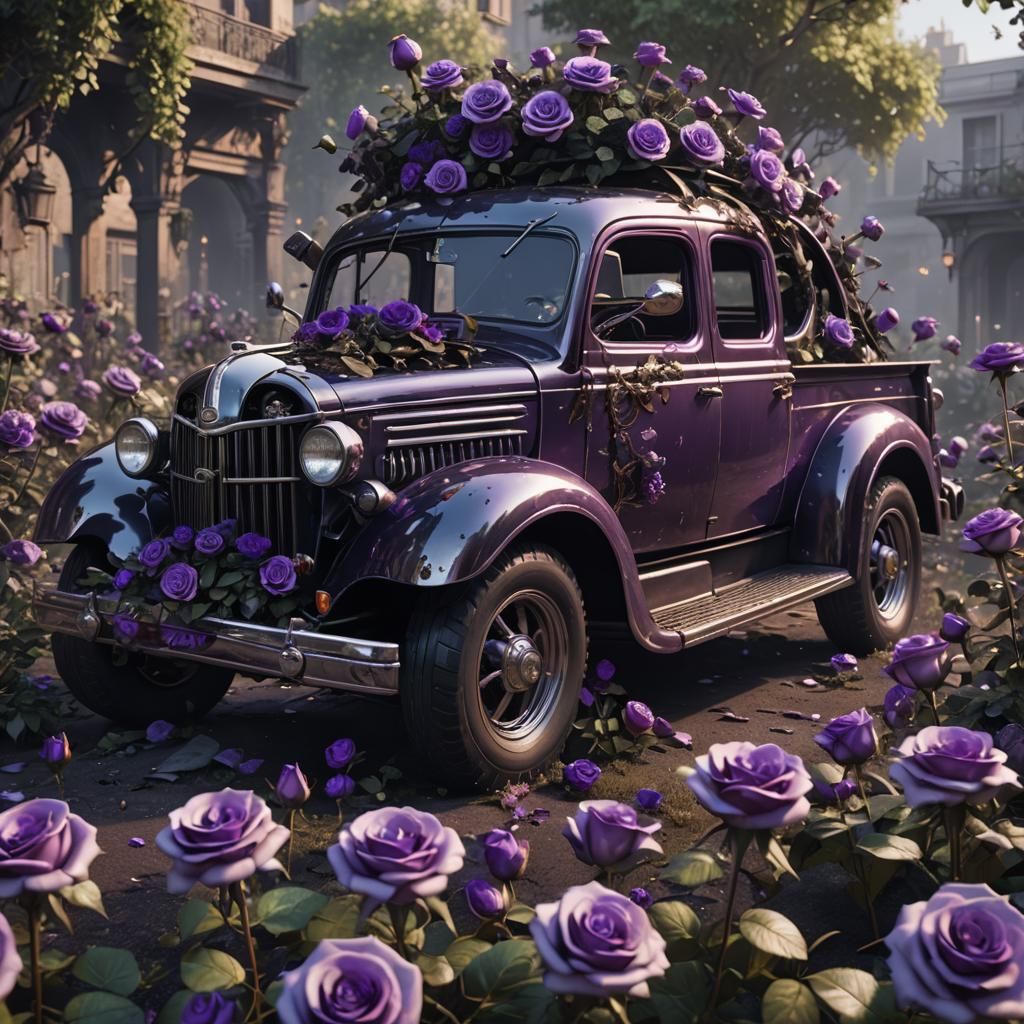 Futuristic Ford Surrounded by Roses, Sci-Fi Render