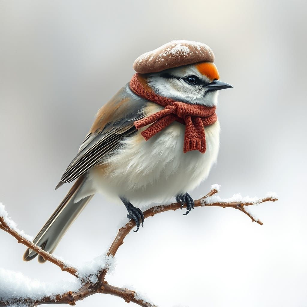 Snow Bird in Winter Landscape with Beret