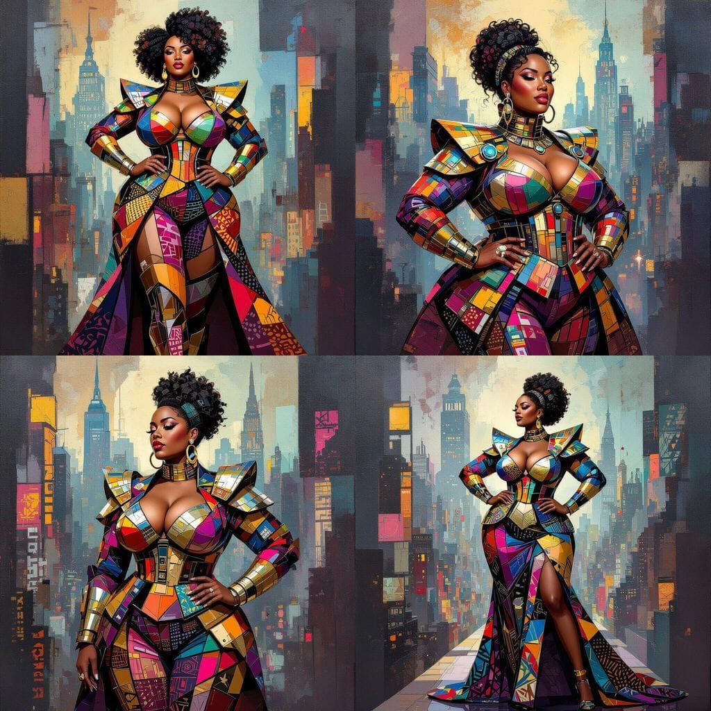 Afrofuturist Woman Embodies Resilience in Cubist Cityscape