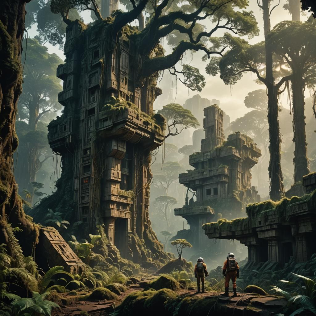 Astronaut in Jungle Ruins: Retro Sci-Fi Naturalism
