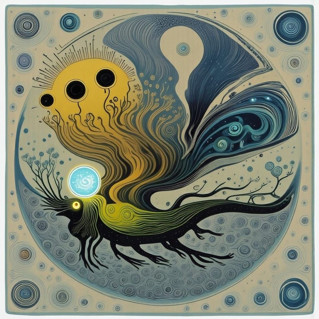 Surreal Portrait with Distorted Figures and Vibrant Colors