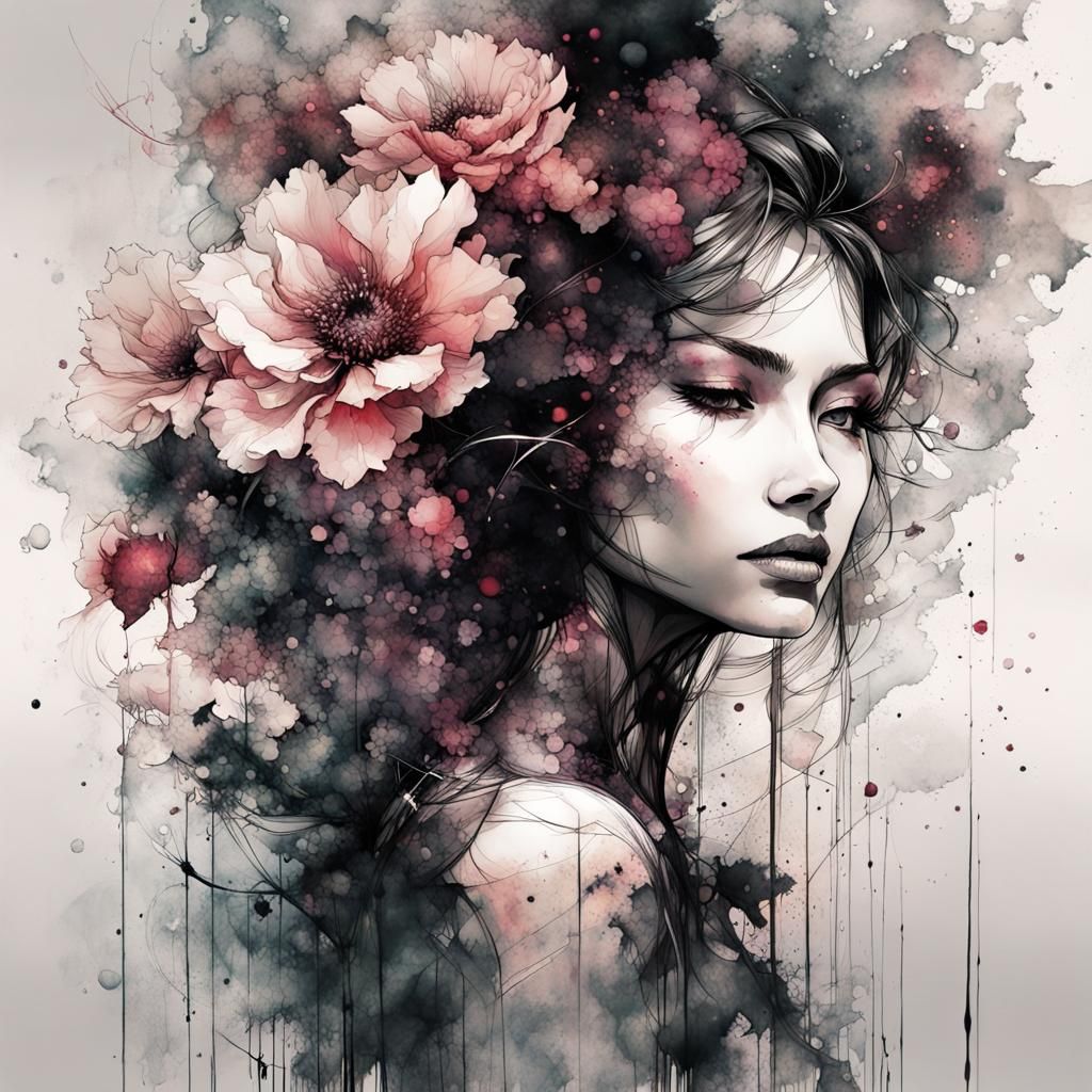 Woman Flower Hybrid in Alcohol Ink Style