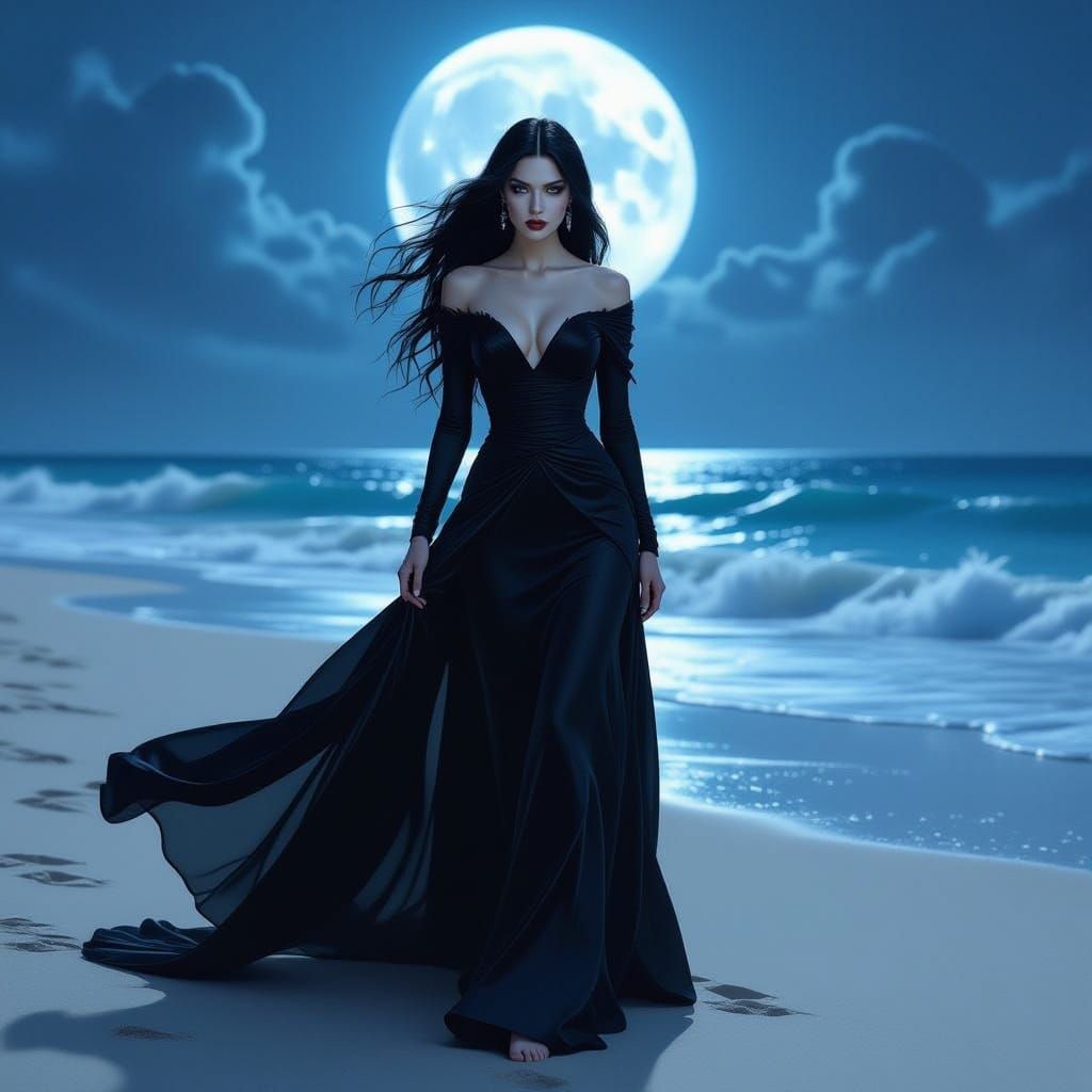 Vampire Supermodel on Moonlit Beach in Gothic Gown