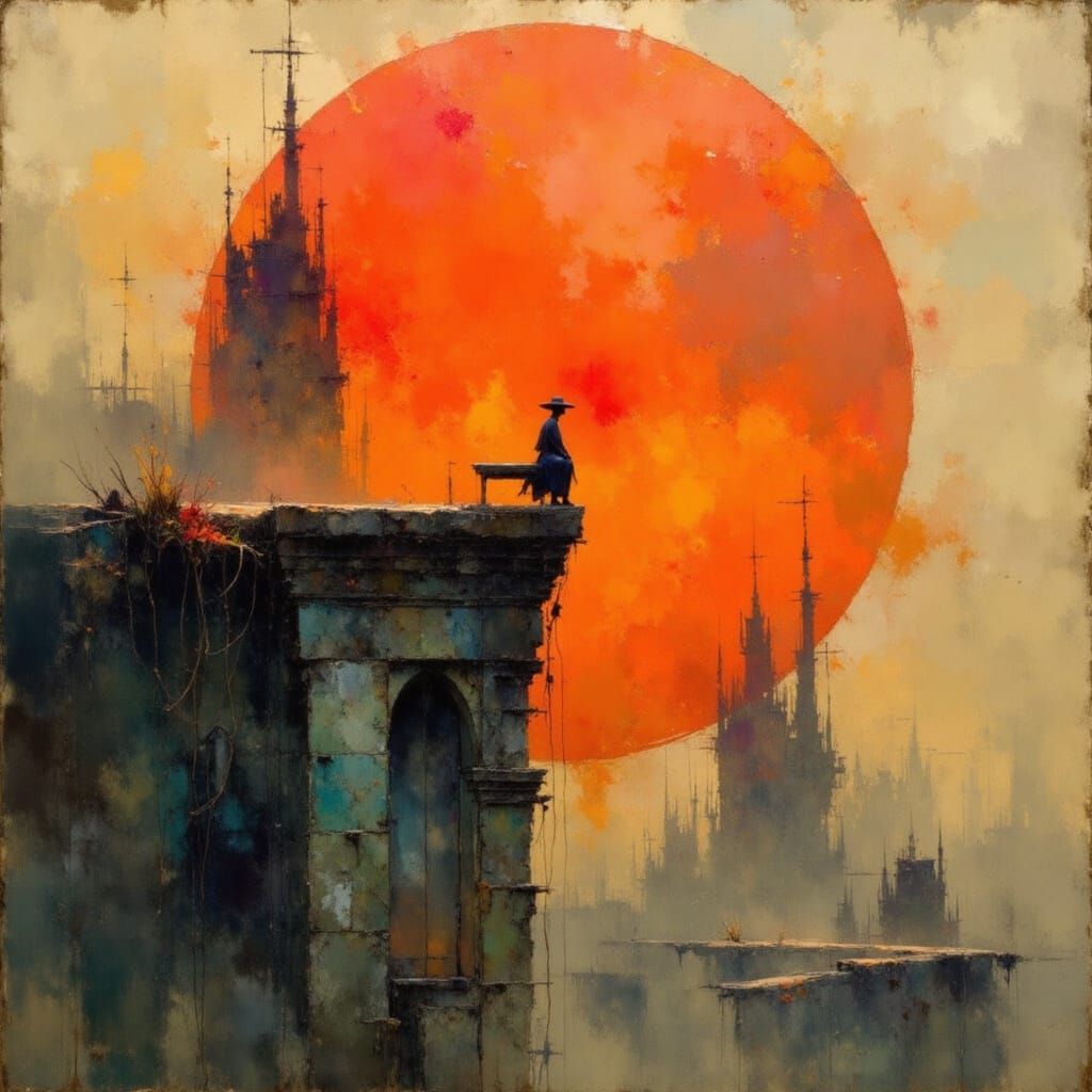 Contemplative Figure in Surreal, Misty Ruins