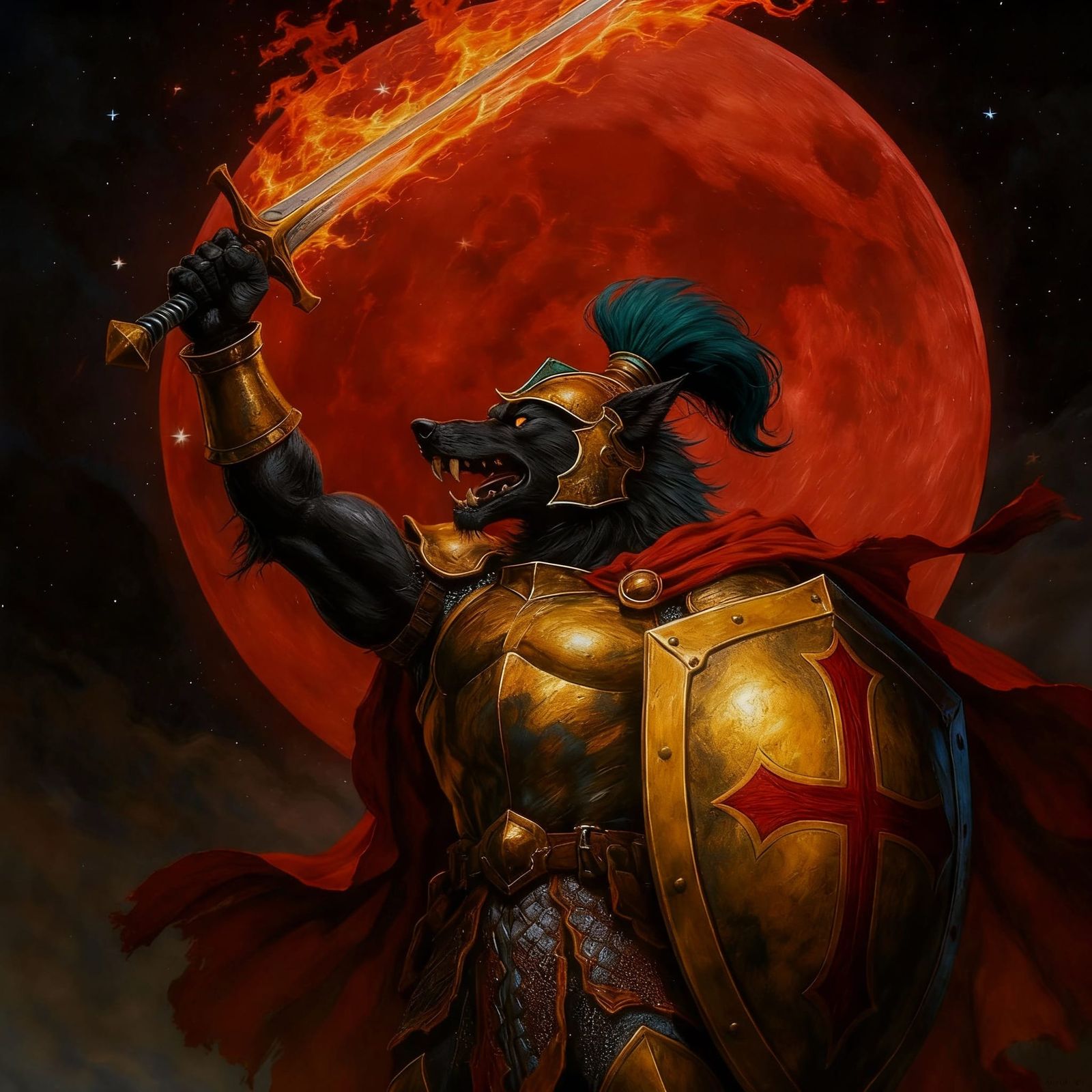 Armored Black Wolf with Fiery Sword and Moon