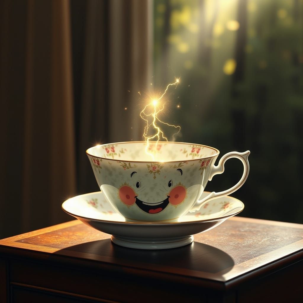 Sentient Teacup with Smiling Face on Wooden Table