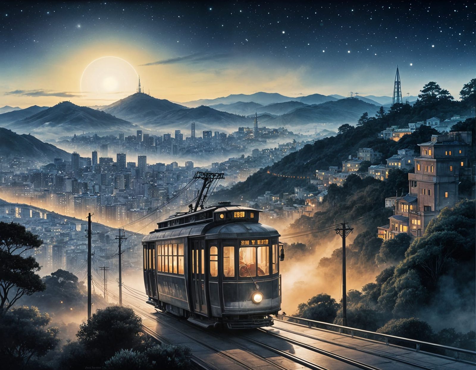 Surreal San Francisco Tram Ride Under Starry Night Sky