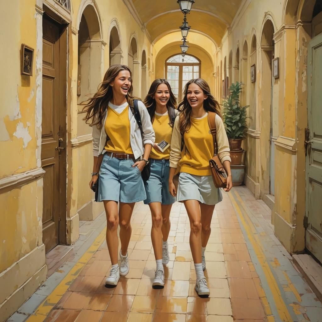 Teenage Girls Laughing in School Hallway