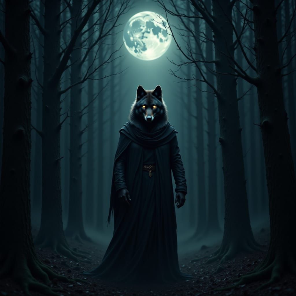 Ethereal Wolf in Shadowy Ancient Forest