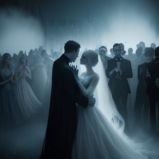 Eerie Gothic Ball: Spectral Figures Dance in Mist