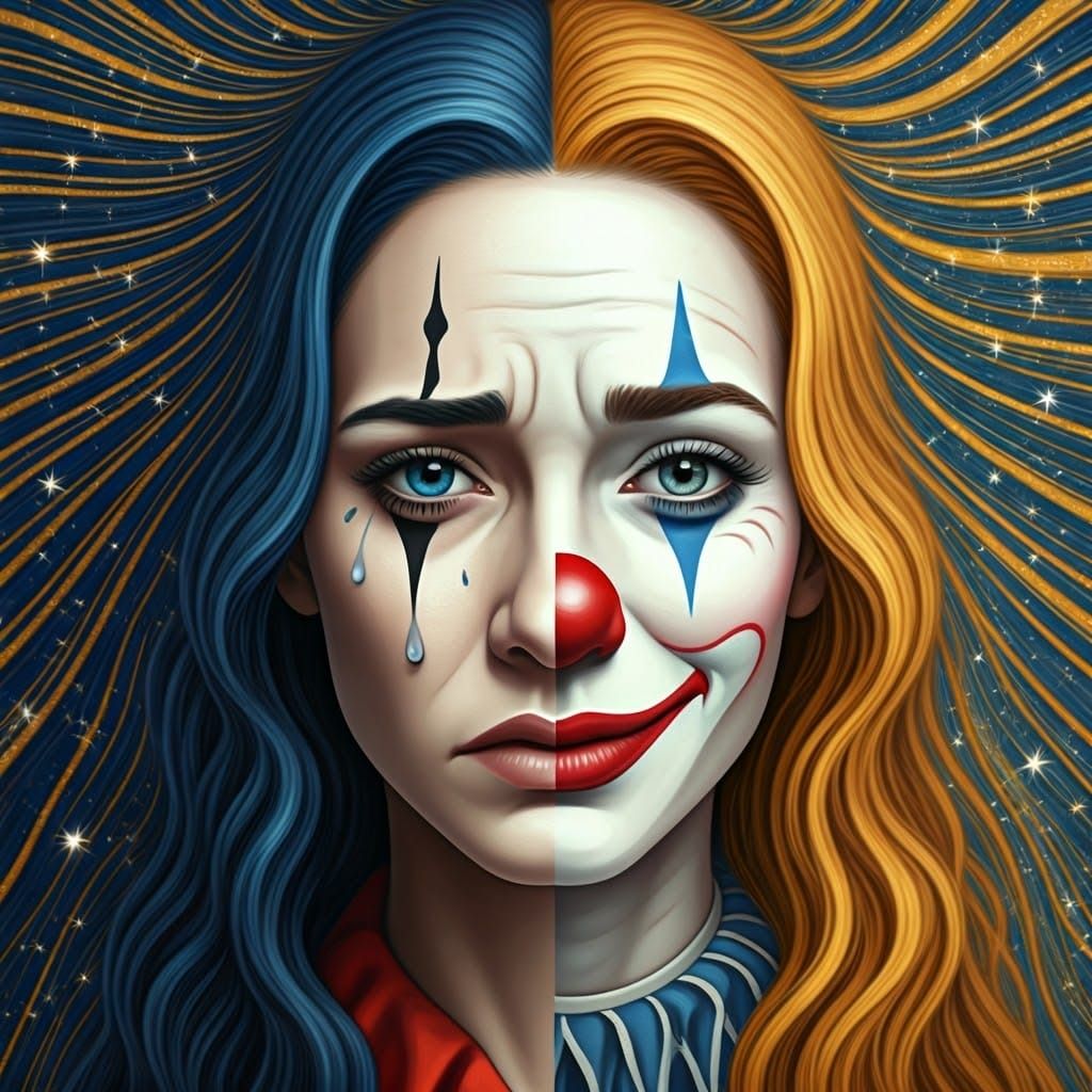 Surreal Portrait Merges Sad Mime and Happy Clown in Vibrant....