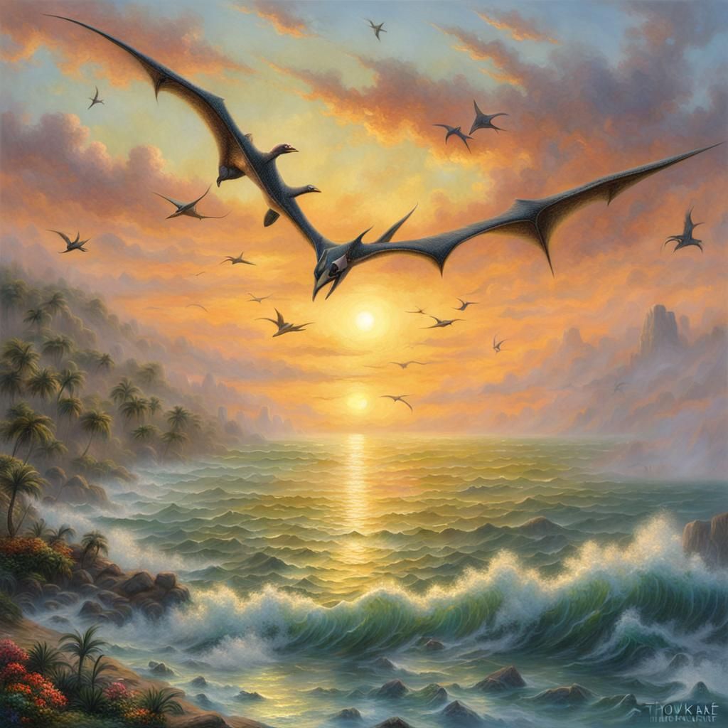 Pterodactyl Sunset Flight: Ethereal Fantasy Art