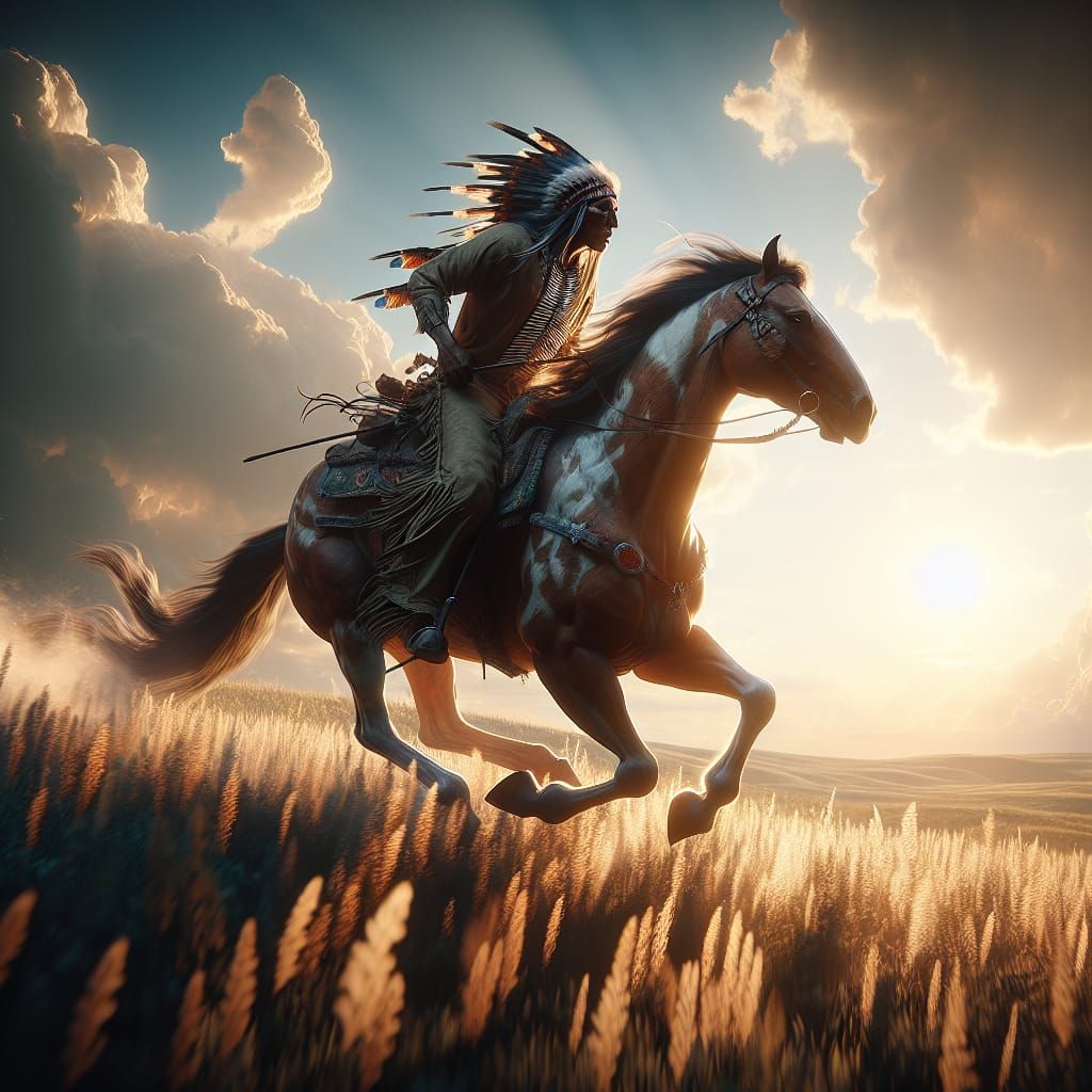 Native American Warrior Rides Gruella Horse Across Endless P...