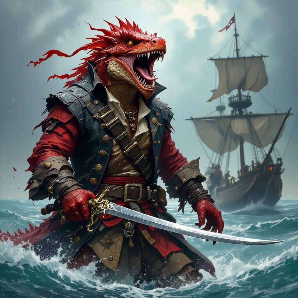 Red Lizardfolk Pirate Screaming Menacingly with Rapier in Fa...